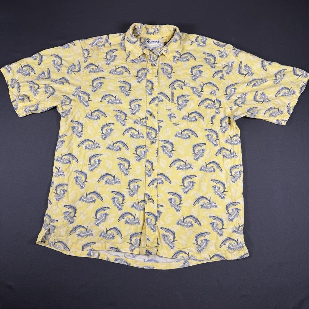 Vintage Columbia Men's Short Sleeve Button Down Fish Print-Large-Cotton Blend